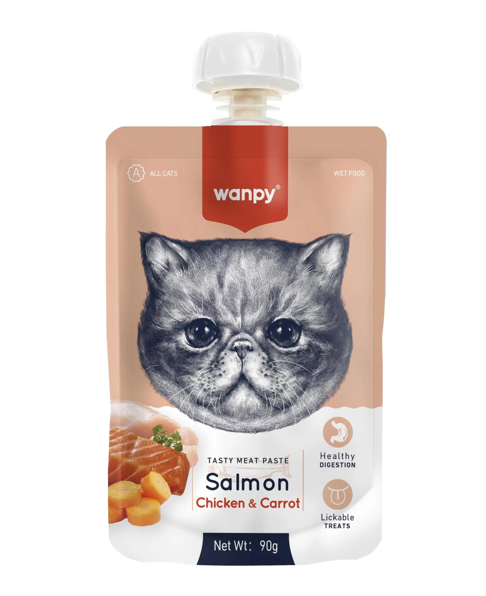 WANPY Premium Lickable Creamy Meat Paste Cat Treats with Salmon,Chicken & Carrot Flavours, 90g, (Pack of 8) Wanpy