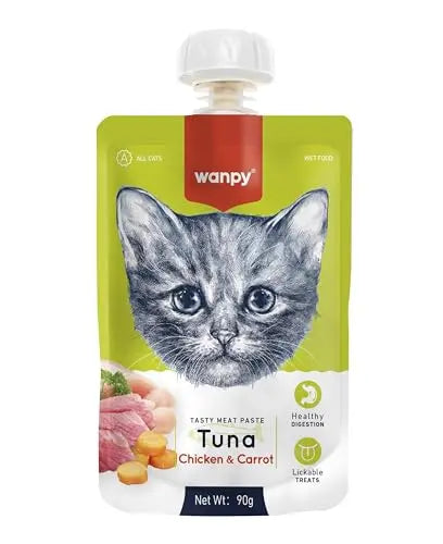 WANPY Premium Lickable Creamy Meat Paste Cat Treats with Tuna,Chicken & Carrot Flavours, 90g, (Pack of 8) Wanpy