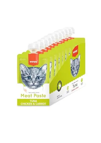 WANPY Premium Lickable Creamy Meat Paste Cat Treats with Tuna,Chicken & Carrot Flavours, 90g, (Pack of 8) Wanpy