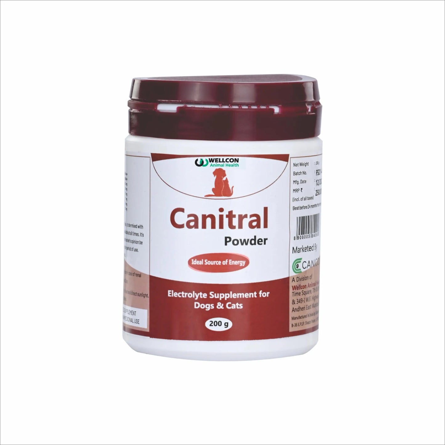 WELLCON ANIMAL HEALTH | Canitral Powder | Electrolyte Supplement for Dogs & Cats | Ideal Source of Energy | Supports Hydration & Recovery | 200 G WELLCON ANIMAL HEALTH
