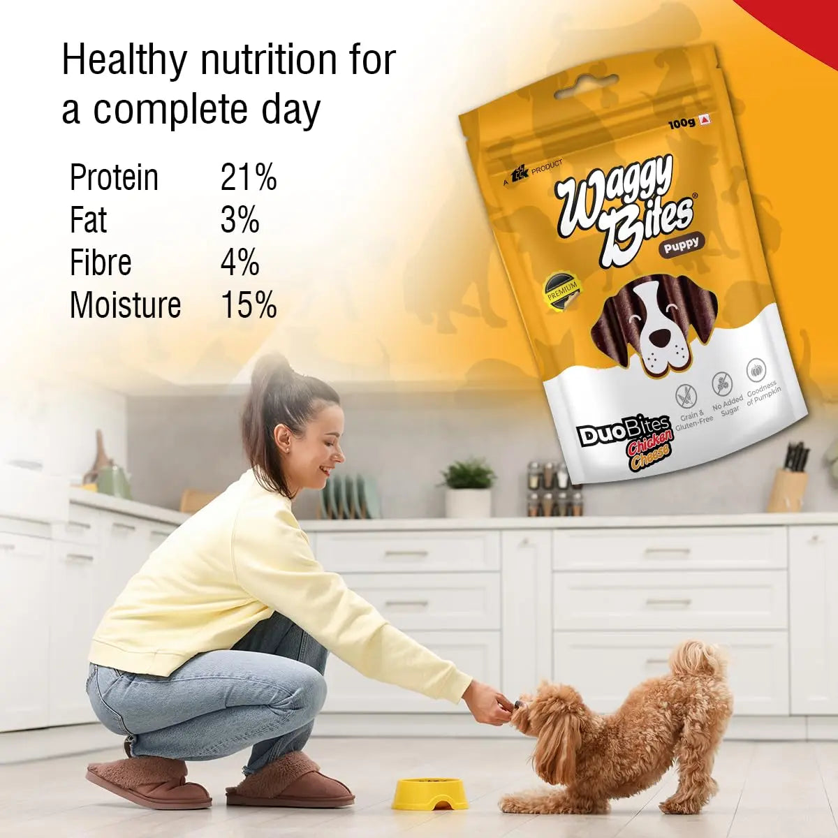 Waggy Bites DuoBites Chicken & Cheese Soft Treats for Dogs & Puppies | Grain & Gluten-Free | Inulin for Healthy Digestion | DHA Enriched for Brain Development | 100 g | Pack of 1 Waggy Bites