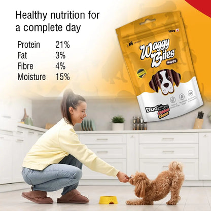 Waggy Bites DuoBites Chicken & Cheese Soft Treats for Dogs & Puppies | Grain & Gluten-Free | Inulin for Healthy Digestion | DHA Enriched for Brain Development | 100 g | Pack of 1 Waggy Bites
