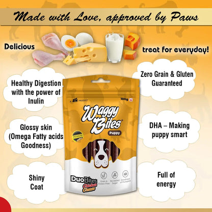 Waggy Bites DuoBites Chicken & Cheese Soft Treats for Dogs & Puppies | Grain & Gluten-Free | Inulin for Healthy Digestion | DHA Enriched for Brain Development | 100 g | Pack of 1 Waggy Bites