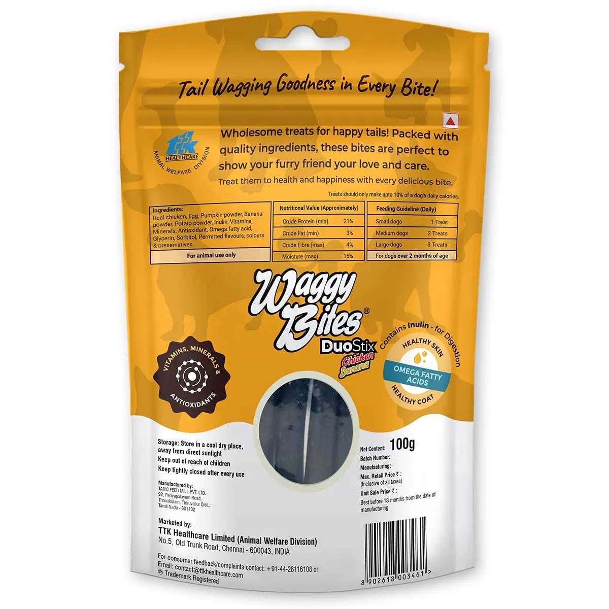 Waggy Bites DuoStix Chicken, Pumpkin & Banana Chewstix for Dogs | Grain & Gluten-Free Snacks | Rich in Omega Fatty Acids, Vitamins & Minerals for Adult Dogs & Puppies | 100g | Pack of 1 Waggy Bites