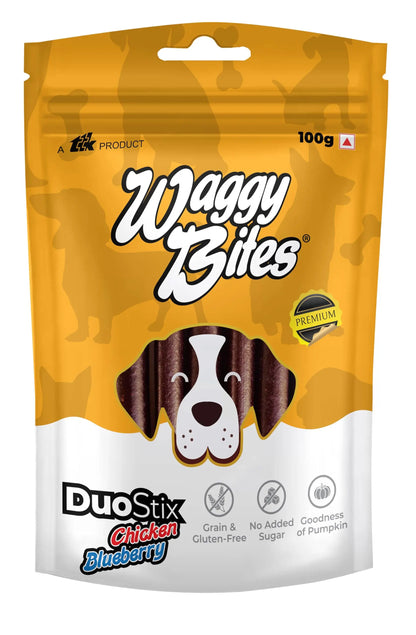 Waggy Bites DuoStix | Grain & Gluten-Free Snacks | Rich in Omega Fatty Acids, Vitamins & Minerals for Adult Dogs & Puppies | 100g | Pack of 1 Waggy Bites
