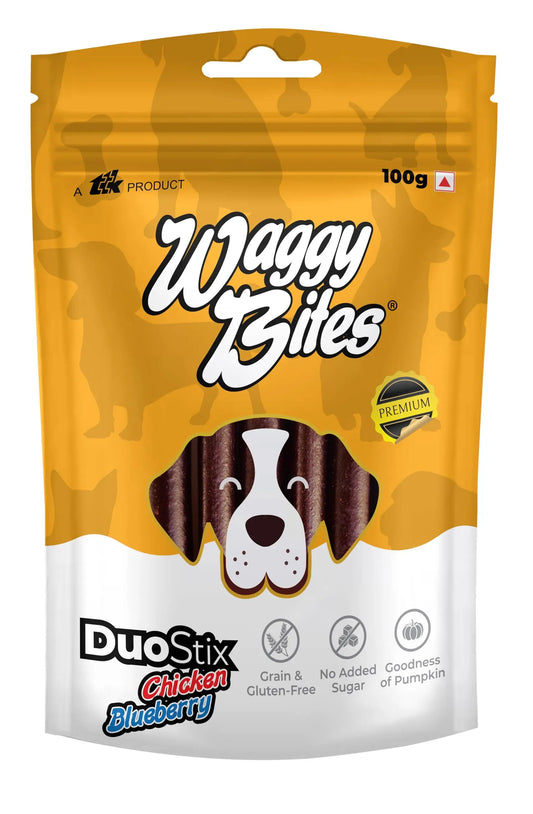 Waggy Bites DuoStix | Grain & Gluten-Free Snacks | Rich in Omega Fatty Acids, Vitamins & Minerals for Adult Dogs & Puppies | 100g | Pack of 1 Waggy Bites