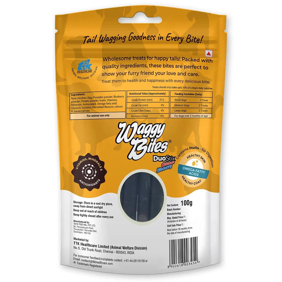 Waggy Bites DuoStix | Grain & Gluten-Free Snacks | Rich in Omega Fatty Acids, Vitamins & Minerals for Adult Dogs & Puppies | 100g | Pack of 1 Waggy Bites