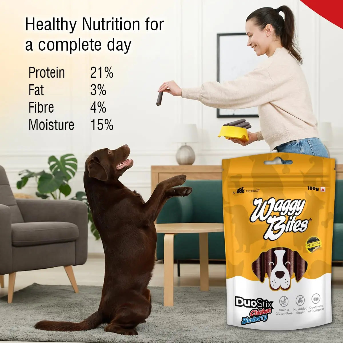 Waggy Bites DuoStix | Grain & Gluten-Free Snacks | Rich in Omega Fatty Acids, Vitamins & Minerals for Adult Dogs & Puppies | 100g | Pack of 1 Waggy Bites