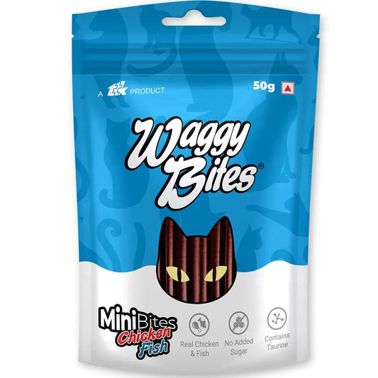 Waggy Bites Minibites Dry Chicken and Fish Bites for Cats | No Added Sugar | Contains Taurine | 50 g | Pack of 2 Waggy Bites