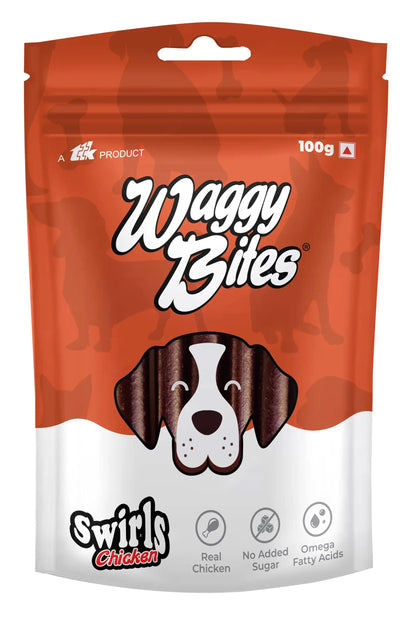 Waggy Bites Swirls High Protein Chicken Snacks for Dogs | Enriched with Omega Fatty Acids, Vitamins, Minerals & Antioxidants | No Added Sugar | 100 g | Pack of 1 Waggy Bites
