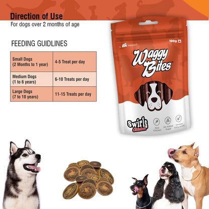 Waggy Bites Swirls High Protein Chicken Snacks for Dogs | Enriched with Omega Fatty Acids, Vitamins, Minerals & Antioxidants | No Added Sugar | 100 g | Pack of 1 Waggy Bites