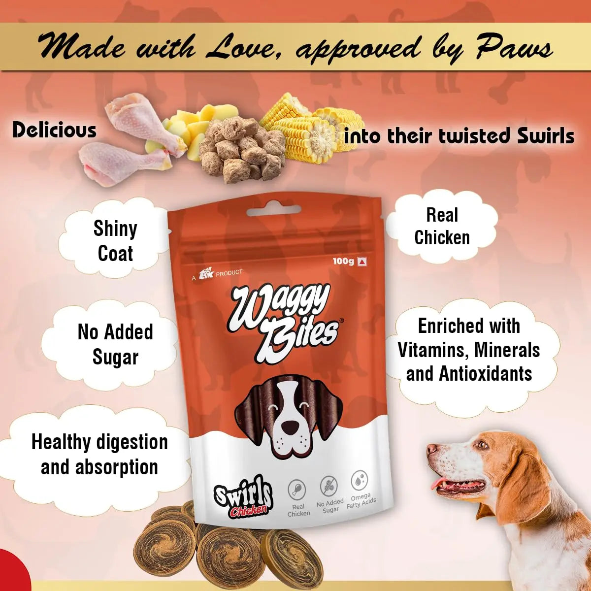 Waggy Bites Swirls High Protein Chicken Snacks for Dogs | Enriched with Omega Fatty Acids, Vitamins, Minerals & Antioxidants | No Added Sugar | 100 g | Pack of 1 Waggy Bites