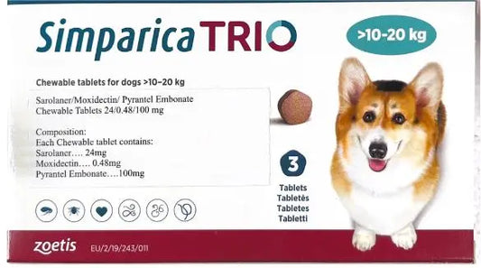 Zoetis Simparica Trio Dog Tick and Flea Control Tablet (pack of 3 tablets) 10 to 20kg Amanpetshop