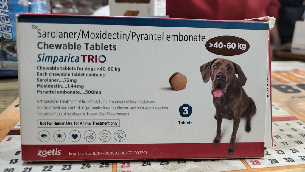 Zoetis Simparica Trio Dog Tick and Flea Control Tablet (pack of 3 tablets) 40 to 60kg Amanpetshop