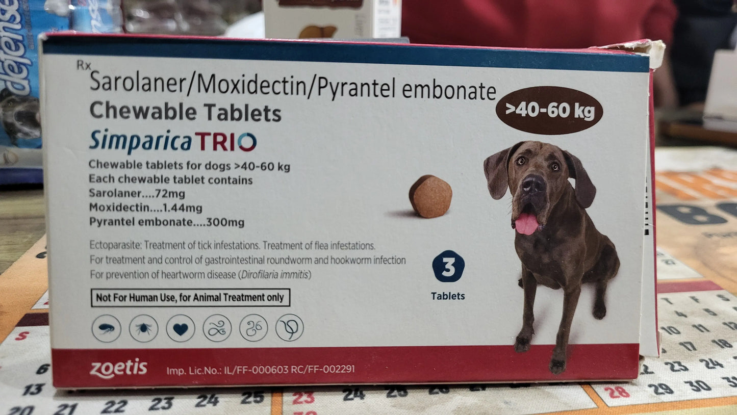 Zoetis Simparica Trio Dog Tick and Flea Control Tablet (pack of 3 tablets) 40 to 60kg Amanpetshop