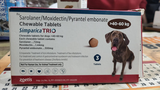 Zoetis Simparica Trio Dog Tick and Flea Control Tablet (pack of 3 tablets) 40 to 60kg Amanpetshop
