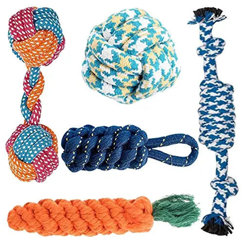 Dog Toys + Dog Chew Toys + Puppy Teething Toys + Rope Dog Toy + Dog Toys for Small to Medium Dog Toys + Dog Toy Pack + Tug Toy + Dog Toy Set + Washable Cotton Rope for Dogs (5 Pack) Amanpetshop-