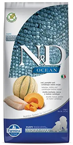 FARMINA N&D Ocean – COD Pumpkin & Cantaloupe Melon - Grain Free - Dog Dry Food - Puppy – Medium Maxi Breed (12kg) FARMINA PET FOODS