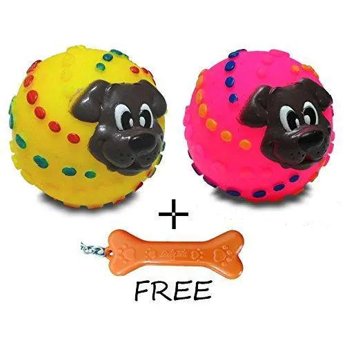 Goofy Tails Squeaky Ball With Puppy Face In Assorted Color (Pack of 2) With Key Chain Goofy Tails