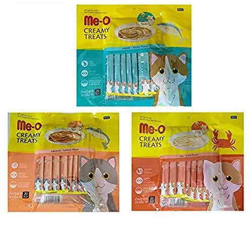 Me-O Creamy Cat Treats Combo of Bonito Flavor, Crab Flavor, Salmon Flavor - Pack of 20 Sticks Each Flavour Amanpetshop