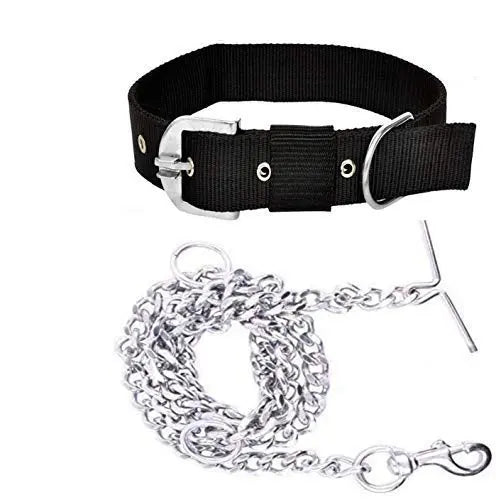 PSK PET MART Dog Belt Combo of 1.5 inch Nylon Collar with Heavy Dog Chain 1.5m Lengthy Dog Collar Chain,(Black) PSK PET MART
