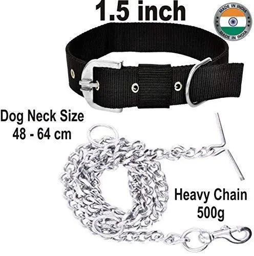 PSK PET MART Dog Belt Combo of 1.5 inch Nylon Collar with Heavy Dog Chain 1.5m Lengthy Dog Collar Chain,(Black) PSK PET MART