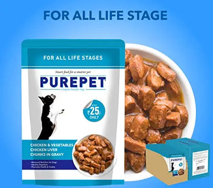 Purepet Combo Offer - Wet Dog Food, Chicken and Vegetable Chunks in Gravy - 15 Pouches (15 x 70g) + Munchy Sticks, Chicken Flavor (2 x 400g) - Pack of 3 PUREPET