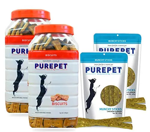 Purepet Treat Combo Offer - Chicken Flavor Biscuit Jar (2 x 455g) + Munchy Sticks, Chicken Flavor (2 x 400g) - Pack of 4 Amanpetshop