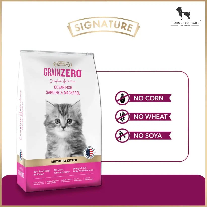 Signature Grain Zero Mother & Kitten Cat Dry Food - 1.2 kg - Ocean Fish, Sardine and Mackeral | Omega 3 & Omega 6, Fatty Acids Formula Grain Zero